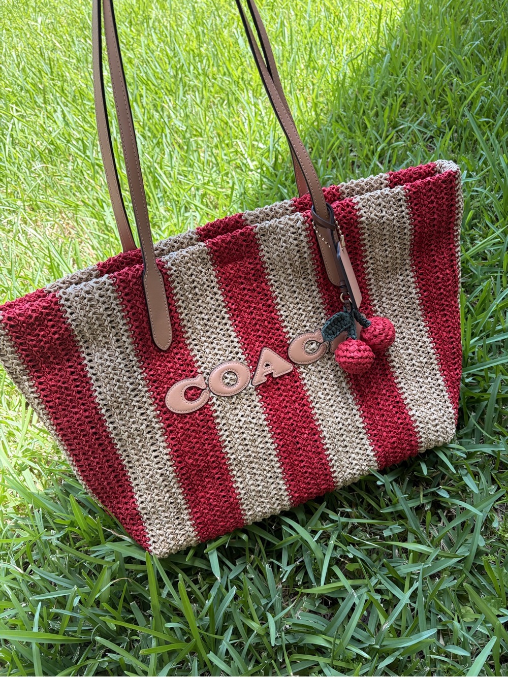 Coach Red and Cream Striped Crochet Tote with Pom-Pom Charm straw city tote new - Picture 6 of 16